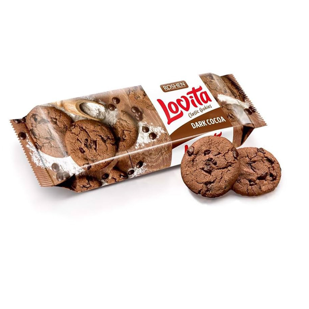 Roshen (3393) Lovita Classic Cookies Biscuits wt Dark Cocoa Coating Drops 190g