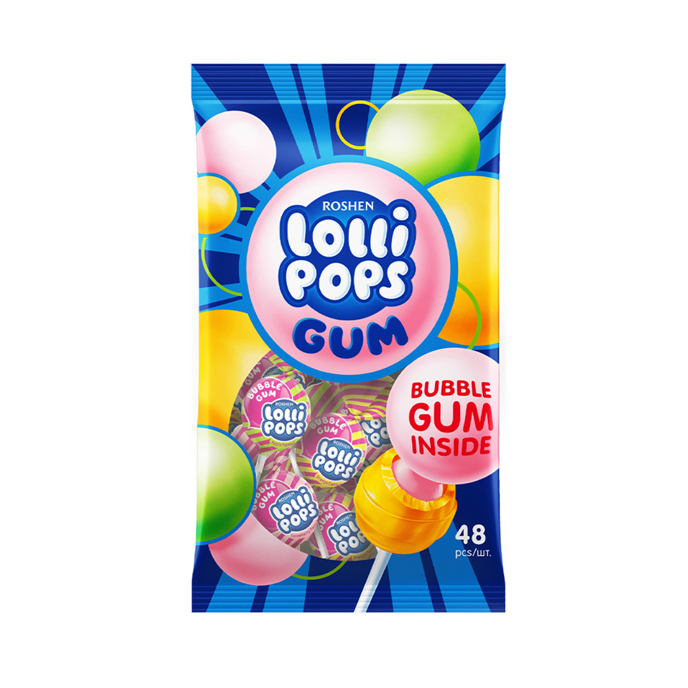 Roshen (0668) Lollipops Gum Fruit Mix Hard Candy with Bubblegum 920g